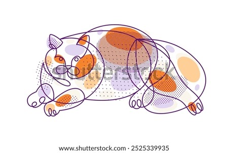 Fat and lazy cat line art vector illustration, linear drawing of pussycat relaxing, minimal outline sketch of cute domestic pet.