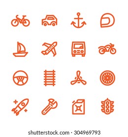Conjunto de iconos de línea grasa para web y móvil. Modernos elementos de diseño plano minimalista de transporte, partes de vehículos y gestión del tráfico