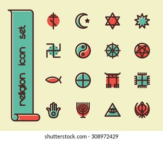 Conjunto de iconos de línea grasa para web y móvil. Diseño moderno minimalista de planos elementos de símbolos religiosos mundiales