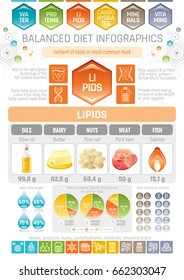 Fat Lipids Diet Infographic Diagram Poster. Water Protein Lipid Carbohydrate Mineral Vitamin Flat Icon Set. Table Vector Illustration Human Health Care, Medicine Chart. Food Isolated White Background