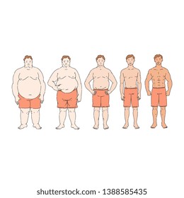Fat loss diet progress from overweight to thin, obese person change into healthy slim weight over time. Comparison of line row of male people in different stages, vector illustration.