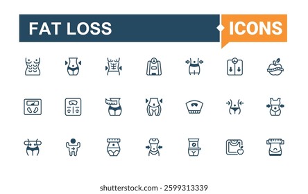 Fat Loss icon collection. Contains such icon as calorie, diet, lifestyle, gym, loss and more. Weight Loss icon collection. Editable vector. Pixel perfect.