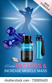 Fat loss L-Carnitine ads. Vector realistic illustration of cans with capsules and shaker. Vertical poster with product and sport equipment.