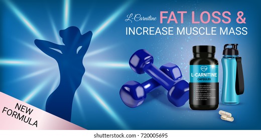 Fat loss L-Carnitine ads. Vector realistic illustration of cans with capsules and shaker. Horizontal banner with product and sport equipment.