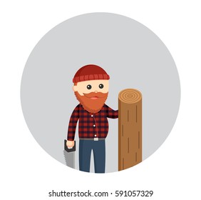 fat lumberjack with saw and big wood log in circle background