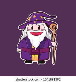 Fat magician wearing purple robe holding a magic wand