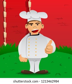 Fat male cartoon chef in uniform making thumbs up sign. Vector illustration.