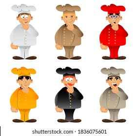 Fat male cartoon chef in uniform holding finger front of his mouth. Vector illustration.