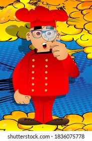 Fat male cartoon chef in uniform holding a magnifying glass. Vector illustration.