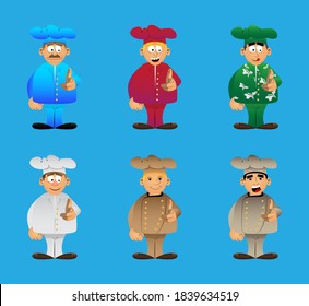 Fat male cartoon chef in uniform pointing at the viewer with his hand. Vector illustration.