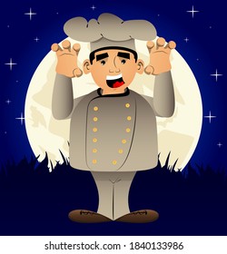 Fat male cartoon chef in uniform is trying to scare you. Vector illustration.