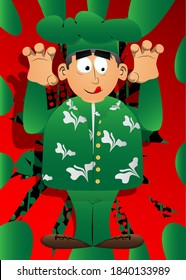 Fat male cartoon chef in uniform is trying to scare you. Vector illustration.