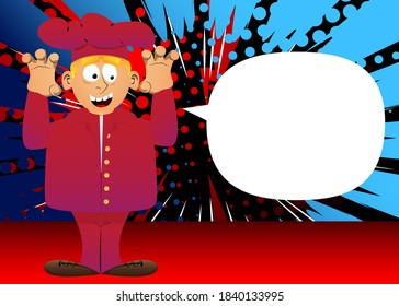 Fat male cartoon chef in uniform is trying to scare you. Vector illustration.