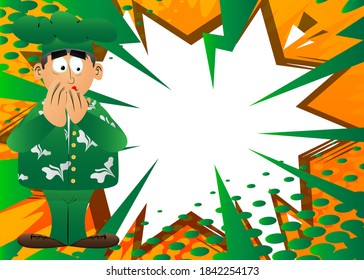 Fat male cartoon chef in uniform with hands over mouth. Vector illustration.