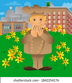Fat male cartoon chef in uniform with hands over mouth. Vector illustration.