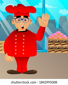 Fat male cartoon chef in uniform with waving hand. Vector illustration.