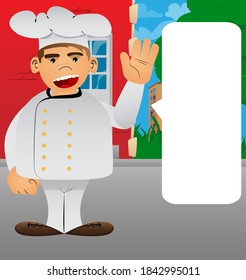 Fat male cartoon chef in uniform with waving hand. Vector illustration.