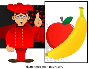Fat male cartoon chef in uniform making a point. Vector illustration.
