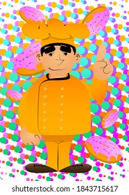 Fat male cartoon chef in uniform making a point. Vector illustration.
