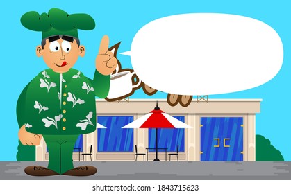 Fat male cartoon chef in uniform making a point. Vector illustration.