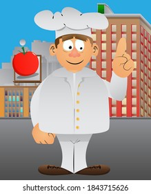 Fat male cartoon chef in uniform making a point. Vector illustration.