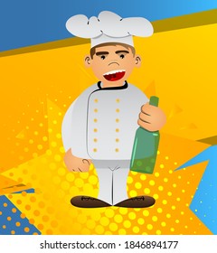 Fat male cartoon chef in uniform holding a bottle. Vector illustration.