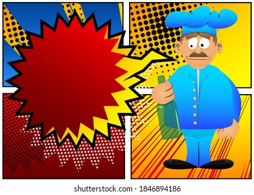 Fat male cartoon chef in uniform holding a bottle. Vector illustration.