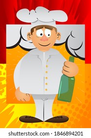 Fat male cartoon chef in uniform holding a bottle. Vector illustration.