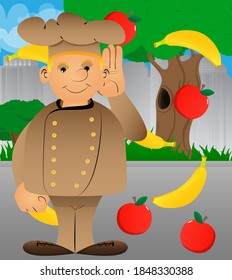 Fat male cartoon chef in uniform holds hand at his ear, listening. Vector illustration.