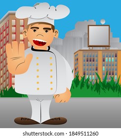 Fat male cartoon chef in uniform showing deny or refuse hand gesture. Vector illustration.