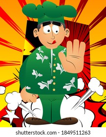 Fat male cartoon chef in uniform showing deny or refuse hand gesture. Vector illustration.