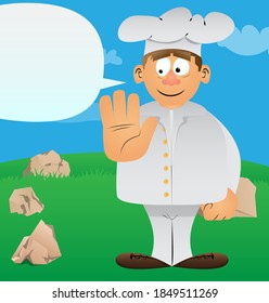 Fat male cartoon chef in uniform showing deny or refuse hand gesture. Vector illustration.