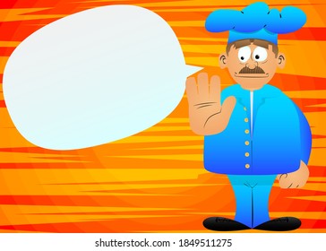 Fat male cartoon chef in uniform showing deny or refuse hand gesture. Vector illustration.