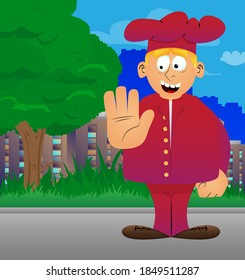 Fat male cartoon chef in uniform showing deny or refuse hand gesture. Vector illustration.