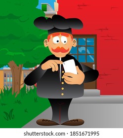 Fat male cartoon chef in uniform using a mobile phone. Vector illustration.