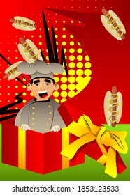 Fat male cartoon chef in uniform in a gift box. Vector illustration of a Christmas Cook.