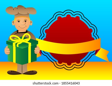 Fat male cartoon chef in uniform holding big gift box. Vector illustration. Cook giving gift for a holiday event.