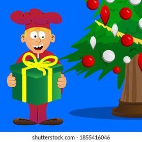 Fat male cartoon chef in uniform holding big gift box. Vector illustration. Cook giving gift for a holiday event.