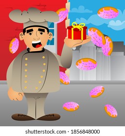 Fat male cartoon chef in uniform holding small gift box. Vector illustration.