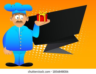 Fat male cartoon chef in uniform holding small gift box. Vector illustration.