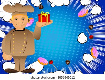 Fat male cartoon chef in uniform holding small gift box. Vector illustration.