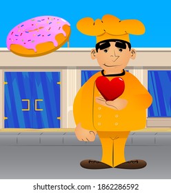 Fat male cartoon chef in uniform holding red heart in his hand. Vector illustration.