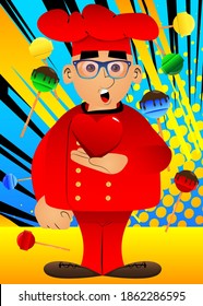 Fat male cartoon chef in uniform holding red heart in his hand. Vector illustration.