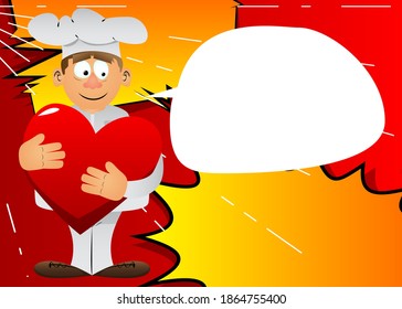 Fat male cartoon chef in uniform hugging big red heart. Vector illustration. Expressing love.