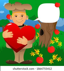 Fat male cartoon chef in uniform hugging big red heart. Vector illustration. Expressing love.