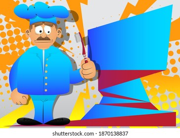 Fat male cartoon chef in uniform holding toothbrush. Vector illustration.