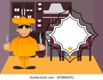 Fat male cartoon chef in uniform holding up a knife and fork. Vector illustration.