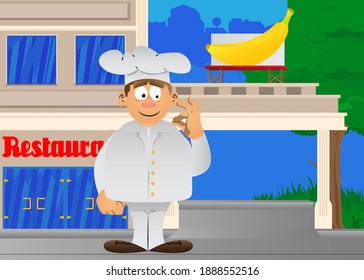 Fat male cartoon chef in uniform showing ok sign. Vector illustration.