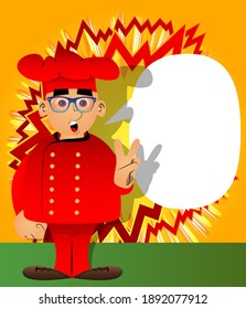 Fat male cartoon chef in uniform showing the V sign, peace sign. Vector illustration.