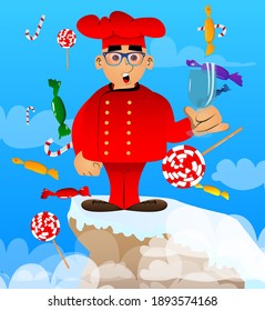 Fat male cartoon chef in uniform with a glass of water. Vector illustration.